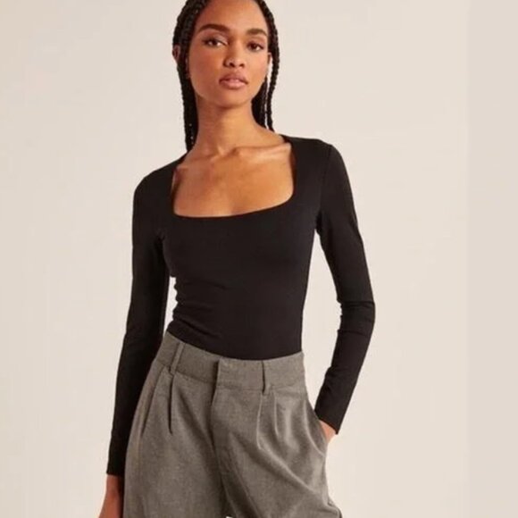 NWT Abercrombie Soft A&F Collection Square Neck Bodysuit Black Size Medium - Picture 1 of 5